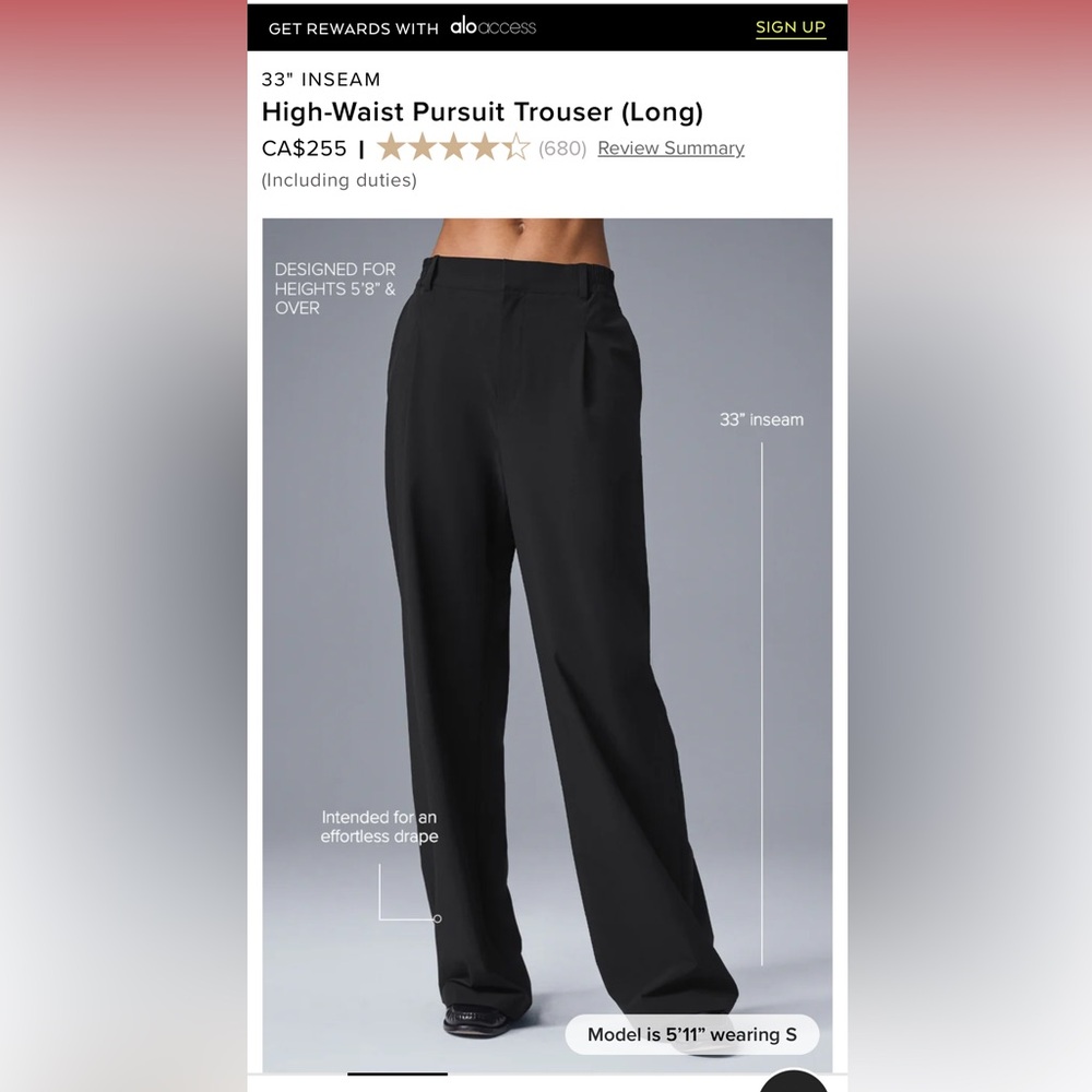 Alo high waist pursuit trouser, (long) size xxs